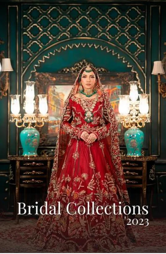 Bridal collections by Maira Khan: a bride in a red lehenga in a teal palace room